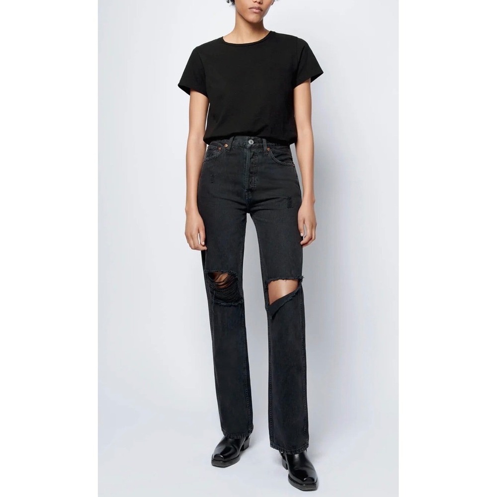 RE/DONE High Rise Distressed Black Denim 90's Loose Straight‎ Leg Jeans Size 26